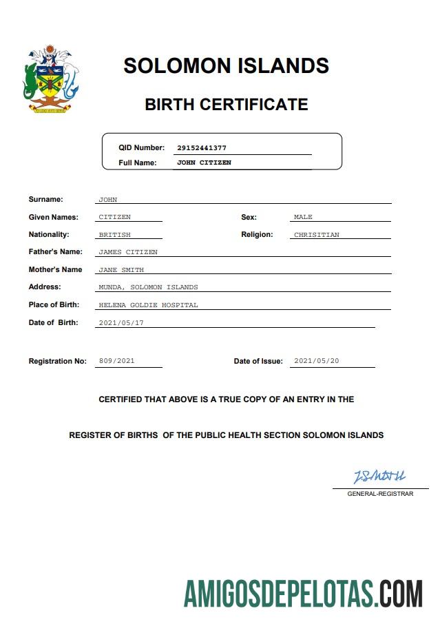 Realista modelo Word e PDF de certidão de nascimento de registro vital das Ilhas Salomão